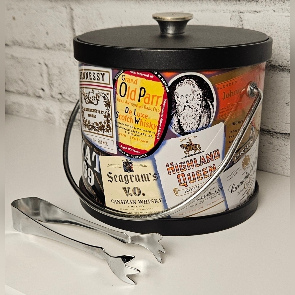 Vintage Whisky Label Ice Bucket w/ Tongs | Retro Barware Bar Cart Decor - Picture 6 of 12